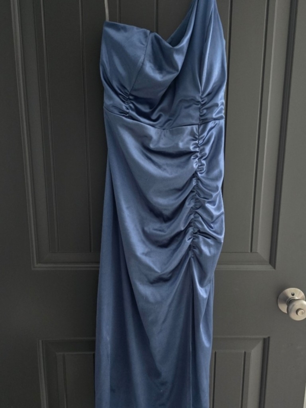 Women's Satin One-Shoulder Blue Ruched Evening Dress